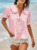 Womens Puff Sleeve Shirts Peter Pan Collar Button Down Cotton Blouse Casual Summer Textured Tops