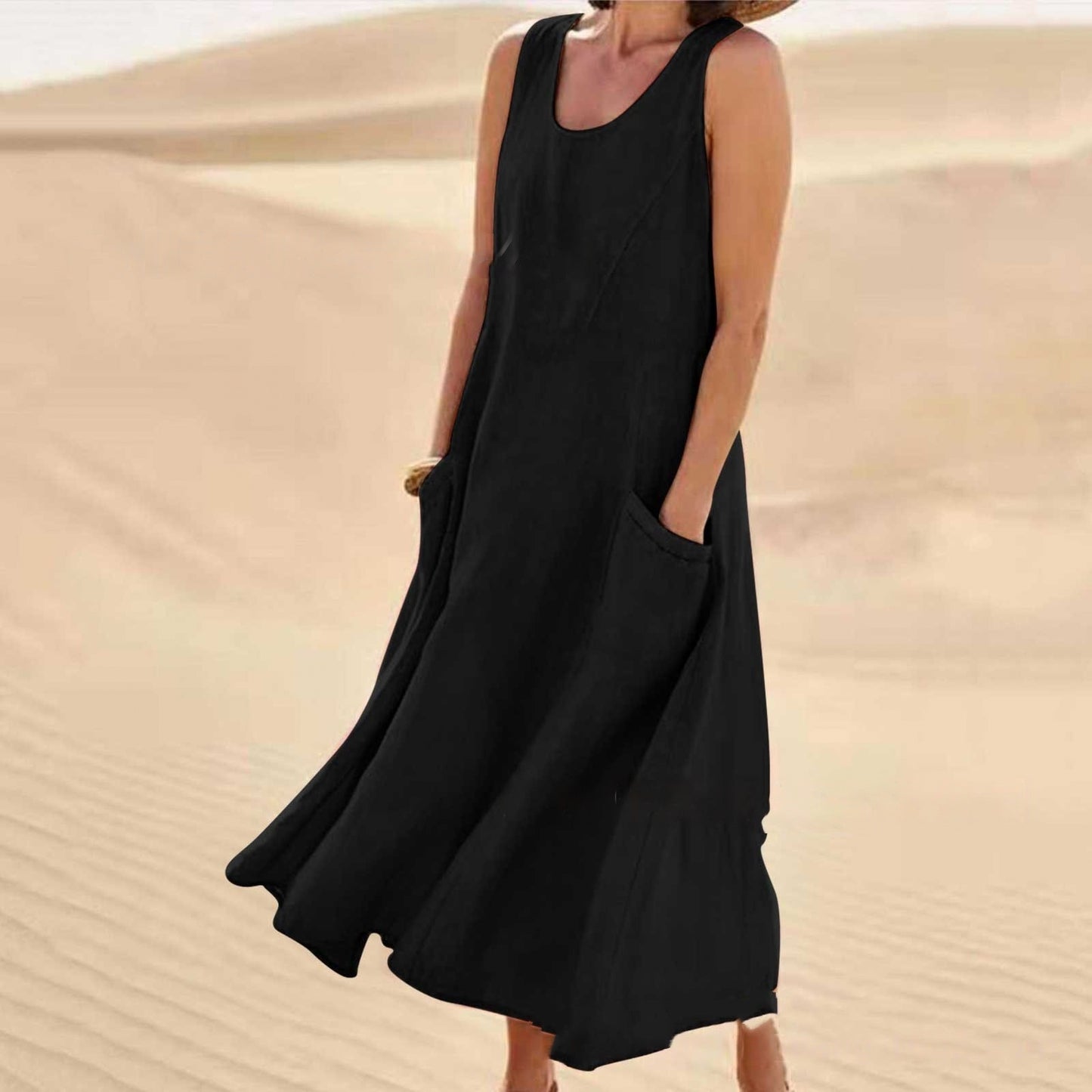 Women's Sleeveless Round Neck Cotton And Linen Dresses