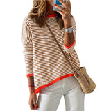 Women's Clothing Crew Neck Striped Contrasting Color Long-Sleeved Casual Sweater