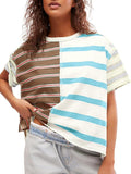 Womens Summer Striped Shirts Casual Color Block Short Sleeve Tops Loose Fit Crew Neck Tees