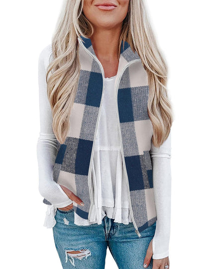 Women’s Christmas Fall/Winter Plaid Check Sleeveless Zipper Vest