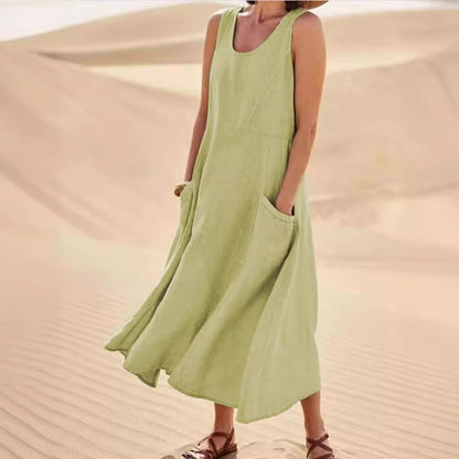 Women's Sleeveless Round Neck Cotton And Linen Dresses