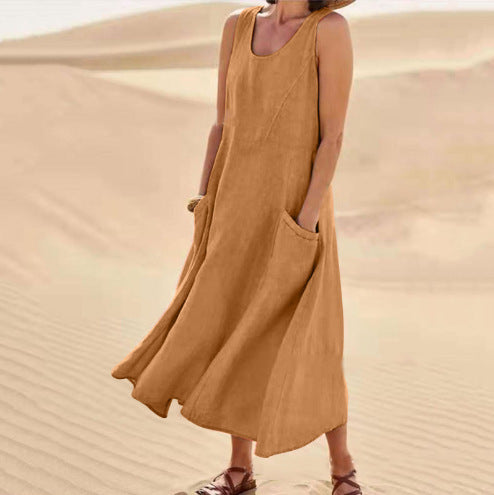 Women's Sleeveless Round Neck Cotton And Linen Dresses