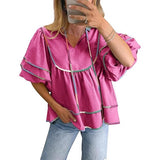 Womens Summer Babydoll Tops V Neck Short Lantern Sleeve Shirts Cute Loose Fit Peplum Flowy Blouses