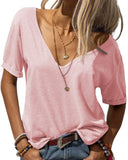 Women Fashion Deep V-Neck Short Sleeve Tops Solid Casual Loose Basic T Shirt