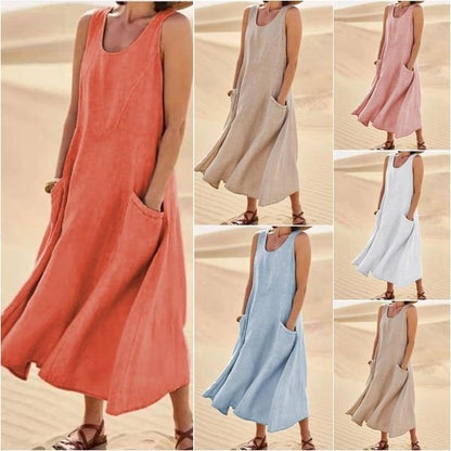 Women's Sleeveless Round Neck Cotton And Linen Dresses