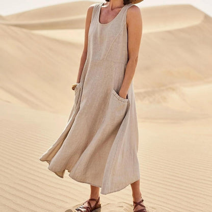 Women's Sleeveless Round Neck Cotton And Linen Dresses