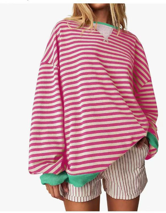 Women's Striped Oversized Color Block Long Sleeve Sweatshirt