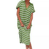 Womens Striped Summer Dresses Short Sleeve V Neck Knit Collared Sexy Slit Loose Maxi Sweater Dress