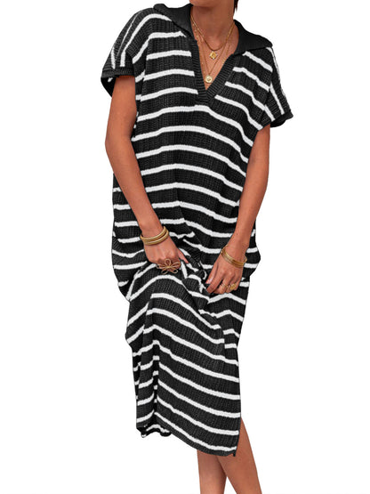 Womens Striped Summer Dresses Short Sleeve V Neck Knit Collared Sexy Slit Loose Maxi Sweater Dress