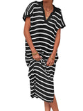 Womens Striped Summer Dresses Short Sleeve V Neck Knit Collared Sexy Slit Loose Maxi Sweater Dress