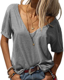 Women Fashion Deep V-Neck Short Sleeve Tops Solid Casual Loose Basic T Shirt