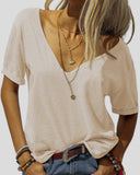 Women Fashion Deep V-Neck Short Sleeve Tops Solid Casual Loose Basic T Shirt