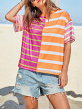 Womens Summer Striped Shirts Casual Color Block Short Sleeve Tops Loose Fit Crew Neck Tees