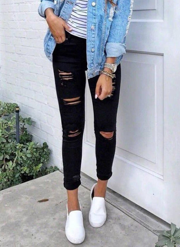 Women's  Casual High Waisted  Distressed Ripped Stretchy Jeans