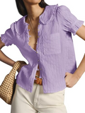 Womens Puff Sleeve Shirts Peter Pan Collar Button Down Cotton Blouse Casual Summer Textured Tops