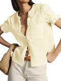 Womens Puff Sleeve Shirts Peter Pan Collar Button Down Cotton Blouse Casual Summer Textured Tops