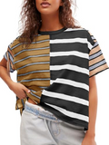 Womens Summer Striped Shirts Casual Color Block Short Sleeve Tops Loose Fit Crew Neck Tees