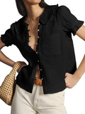 Womens Puff Sleeve Shirts Peter Pan Collar Button Down Cotton Blouse Casual Summer Textured Tops