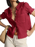 Womens Puff Sleeve Shirts Peter Pan Collar Button Down Cotton Blouse Casual Summer Textured Tops