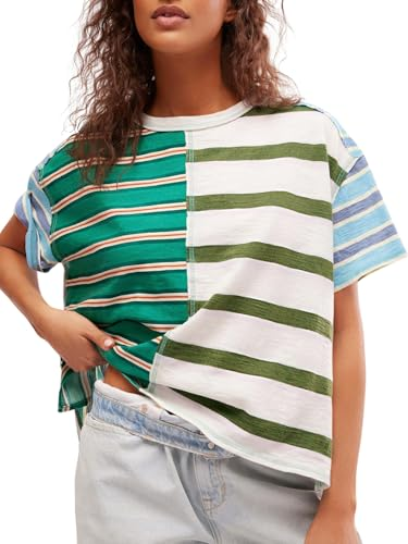 Womens Summer Striped Shirts Casual Color Block Short Sleeve Tops Loose Fit Crew Neck Tees