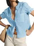 Womens Puff Sleeve Shirts Peter Pan Collar Button Down Cotton Blouse Casual Summer Textured Tops