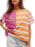 Womens Summer Striped Shirts Casual Color Block Short Sleeve Tops Loose Fit Crew Neck Tees