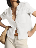 Womens Puff Sleeve Shirts Peter Pan Collar Button Down Cotton Blouse Casual Summer Textured Tops