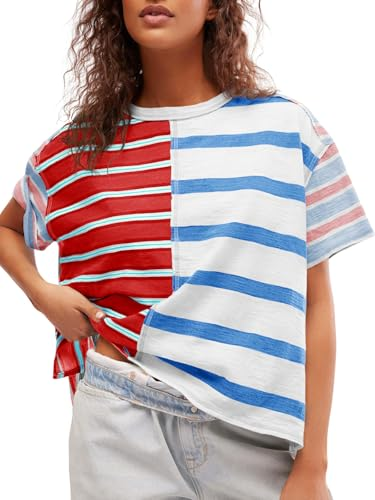 Womens Summer Striped Shirts Casual Color Block Short Sleeve Tops Loose Fit Crew Neck Tees