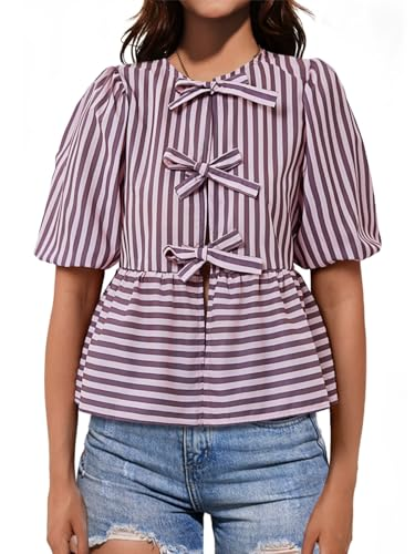 Womens Tie Front Tops Summer Peplum Babydoll Puff Short Sleeve Blouse Cute Cotton Shirts