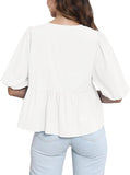 Womens Tie Front Tops Summer Peplum Babydoll Puff Short Sleeve Blouse Cute Cotton Shirts