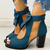 Kimemoda Peep Toe Mesh Insert Sandals Bowknot Chunky Heeled Booties