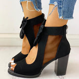 Kimemoda Peep Toe Mesh Insert Sandals Bowknot Chunky Heeled Booties