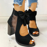 Kimemoda Peep Toe Mesh Insert Sandals Bowknot Chunky Heeled Booties