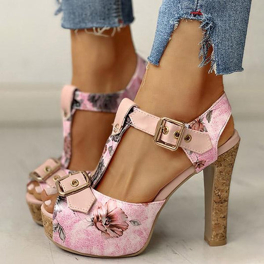 Kimemoda Flower Print Peep Toe Platform Sandals T Strap Ankle Buckle Slingback Chunky Heels