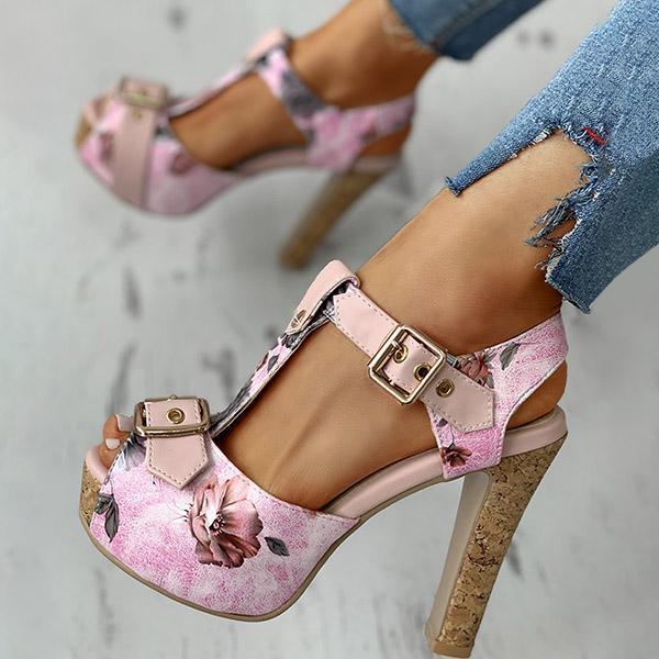 Kimemoda Flower Print Peep Toe Platform Sandals T Strap Ankle Buckle Slingback Chunky Heels