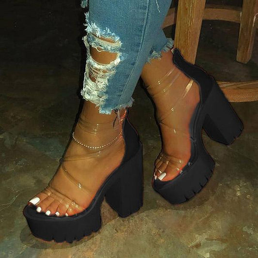 Kimemoda Chunky Heel Back Zipper Sandals Open Toe Clear Strappy Platform Heels