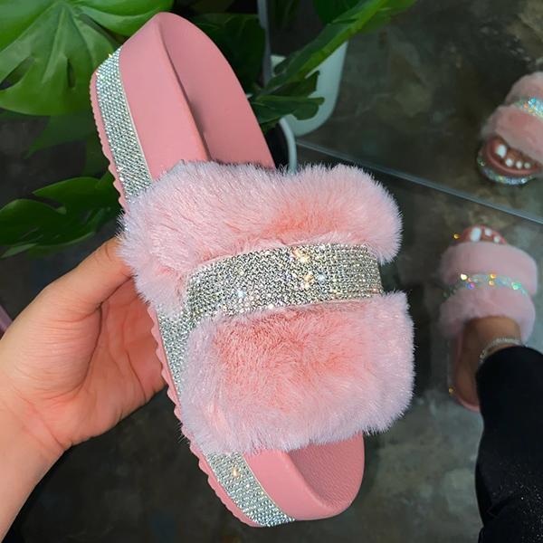 Kimemoda Womens Platform Flat Slippers Faux Fur Slip On Sandals