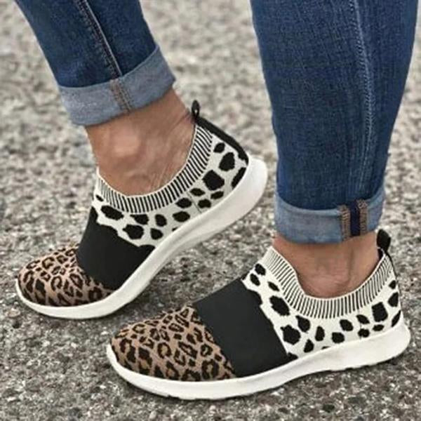 Kimemoda Leopard Flat Heel Sneakers Slip on Walking Shoes