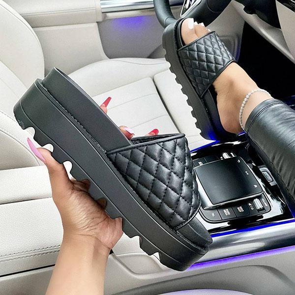 Kimemoda Womens Solid Color Platform Slides Chic Stitching Detail Sandals