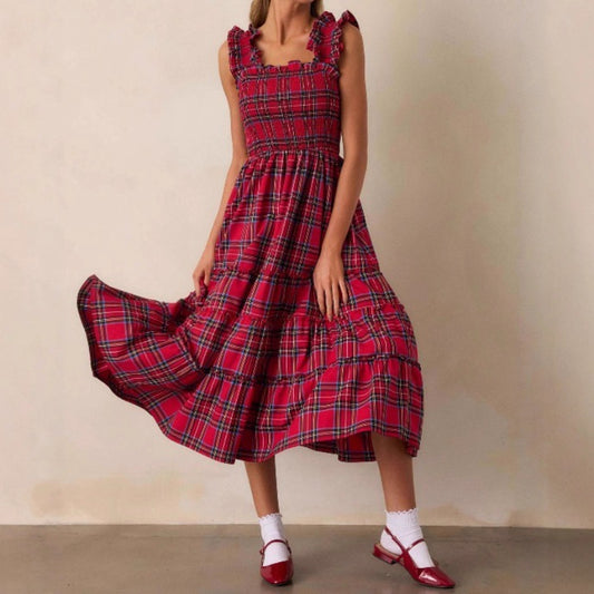 Women's Christmas Plaid Ruffle Casual Shirred Flared Sleeveless Tank Dress