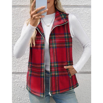 Women’s Christmas Fall/Winter Plaid Check Sleeveless Zipper Vest