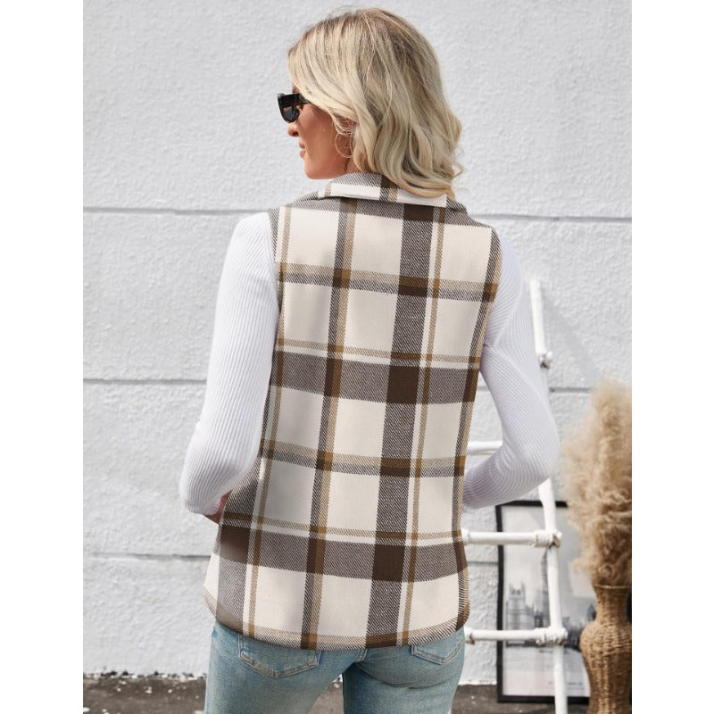 Women’s Christmas Fall/Winter Plaid Check Sleeveless Zipper Vest