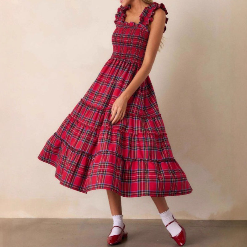 2025 New Christmas Women's Plaid Ruffle Casual Shirred Flared Sleeveless Tank Dress