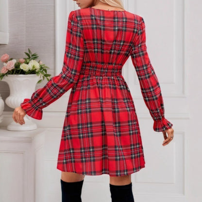 Christmas Women's Plaid A-Line Deep V-Neck Balloon Sleeves Bowknot Waistn Dress