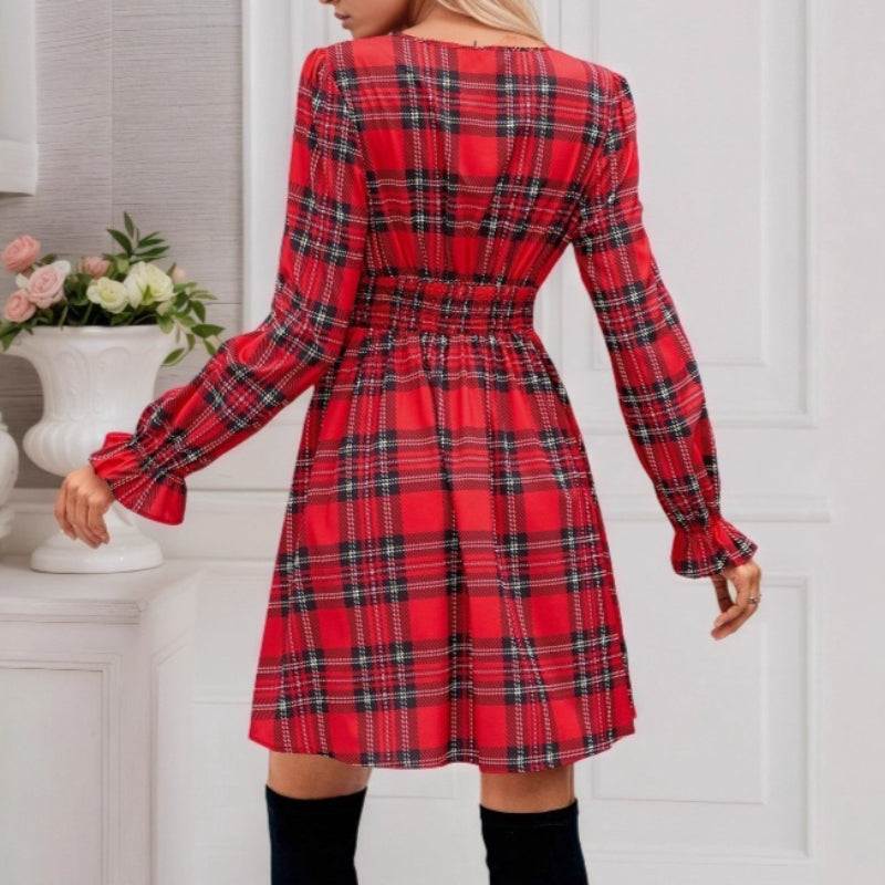 Christmas Women's Plaid A-Line Deep V-Neck Balloon Sleeves Bowknot Waistn Dress