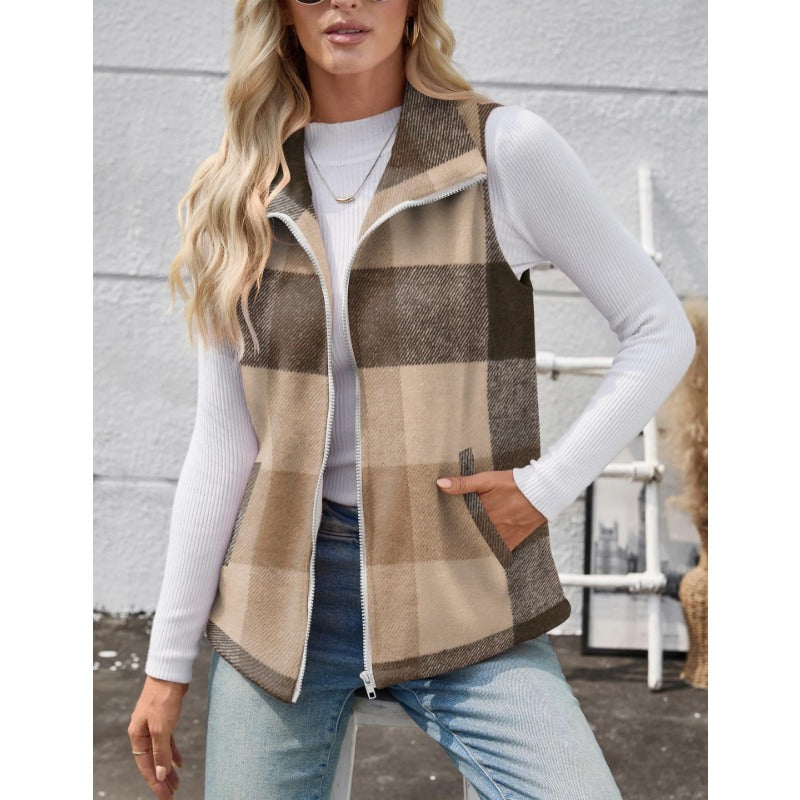 Women’s Christmas Fall/Winter Plaid Check Sleeveless Zipper Vest
