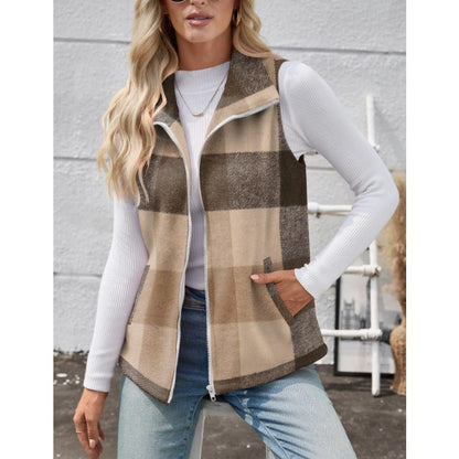 Women’s Christmas Fall/Winter Plaid Check Sleeveless Zipper Vest