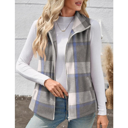 Women’s Christmas Fall/Winter Plaid Check Sleeveless Zipper Vest