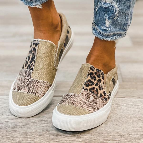 Kimemoda Pieced Raw Edge Animal Print Canvas Sneakers Slip-On Flats